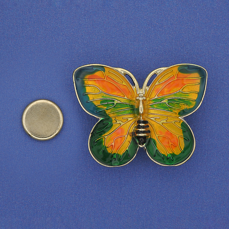 Magnetic butterfly brooch with colored enamel on golden metal, 39x30mm+