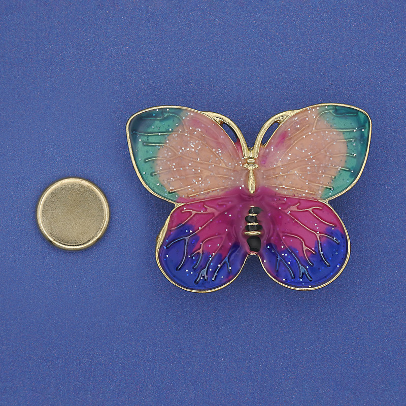 Magnetic Butterfly Brooch with Colored Enamel, Golden Metal, 39x30 mm+
