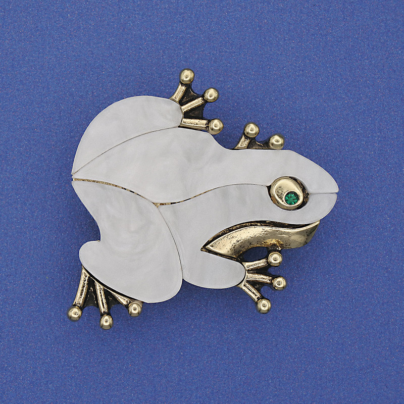Frog Brooch-Pendant with Pearl White, Crystals, Gold-Tone Metal 35x34mm+