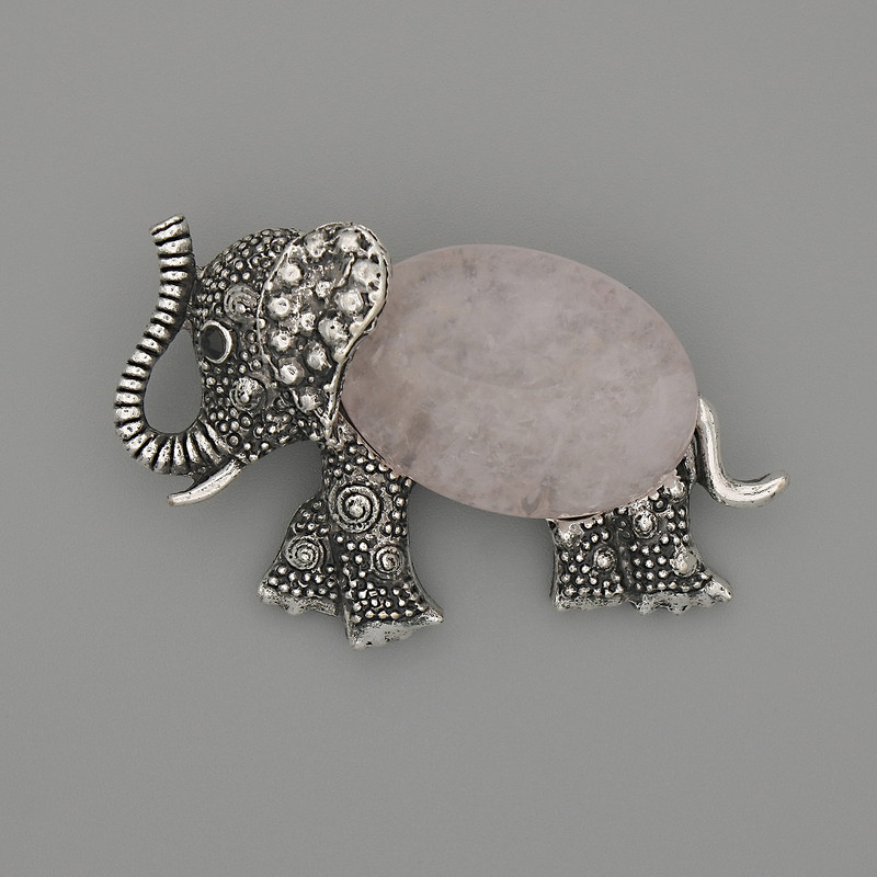 Elephant brooch pendant with pink quartz 45x27 mm +/- black inlays, silver-colored metal