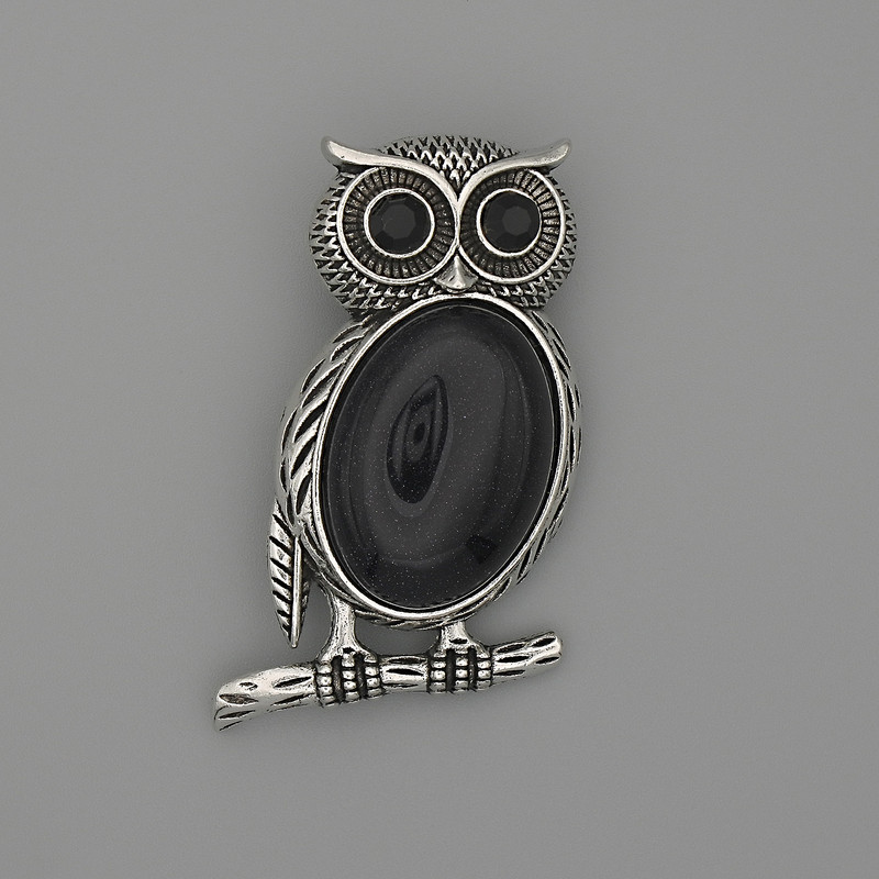 Brooch-Pendant Owl Aventurine Night of Cairo 45x25mm ± Black Srazi Silver-Tone Metal