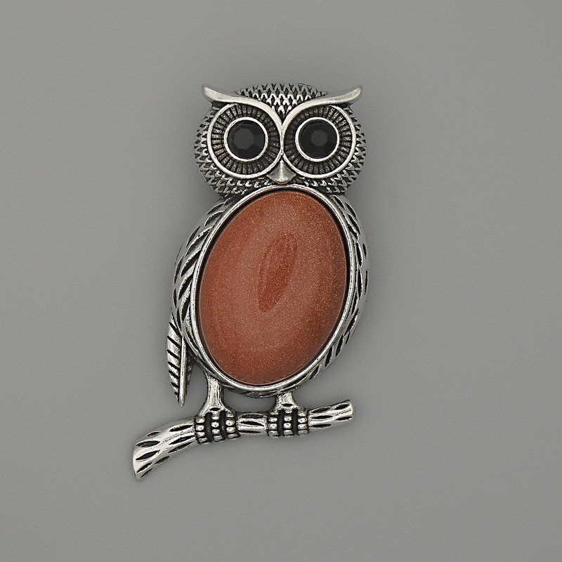 Brooch-Pendant Owl with Aventurine 'Golden Sand' 45x25 mm +/- Black Crystals Silver-Tone Metal