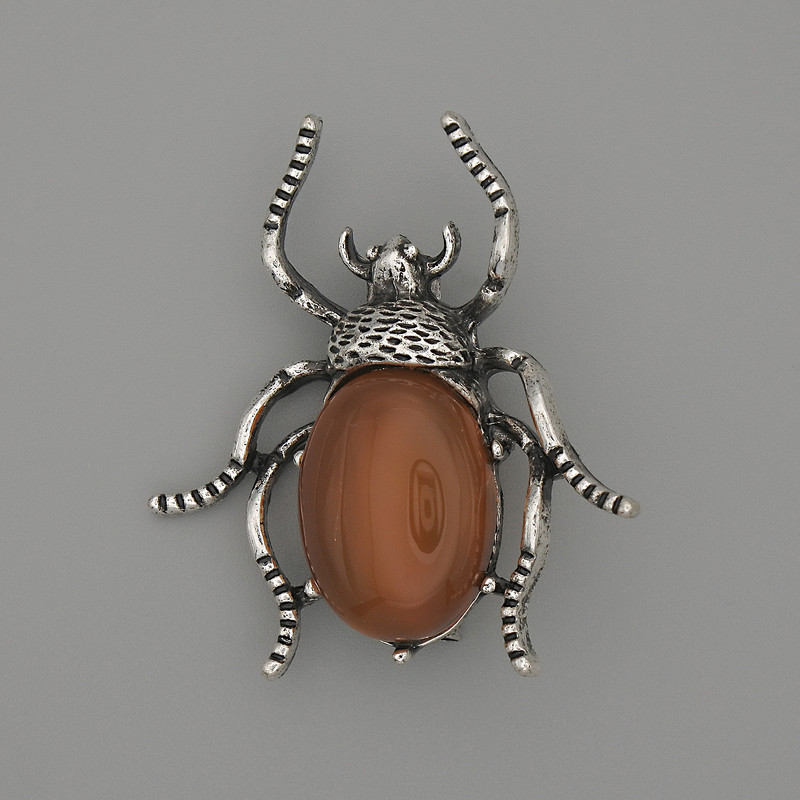 Beetle pendant brooch with carnelian, 44×37 mm, ± silver-colored metal