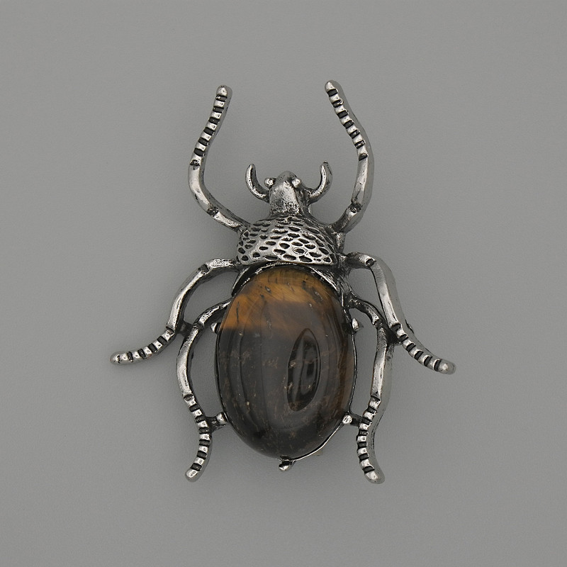 Beetle Brooch-Pendant with Tiger's Eye 44×37 mm, silver-toned metal