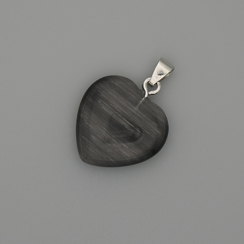 Heart Pendant with Dark Gray Cat's Eye, Silver-Toned Metal, Diameter 20x20 mm +/-, Length 30 mm +/-