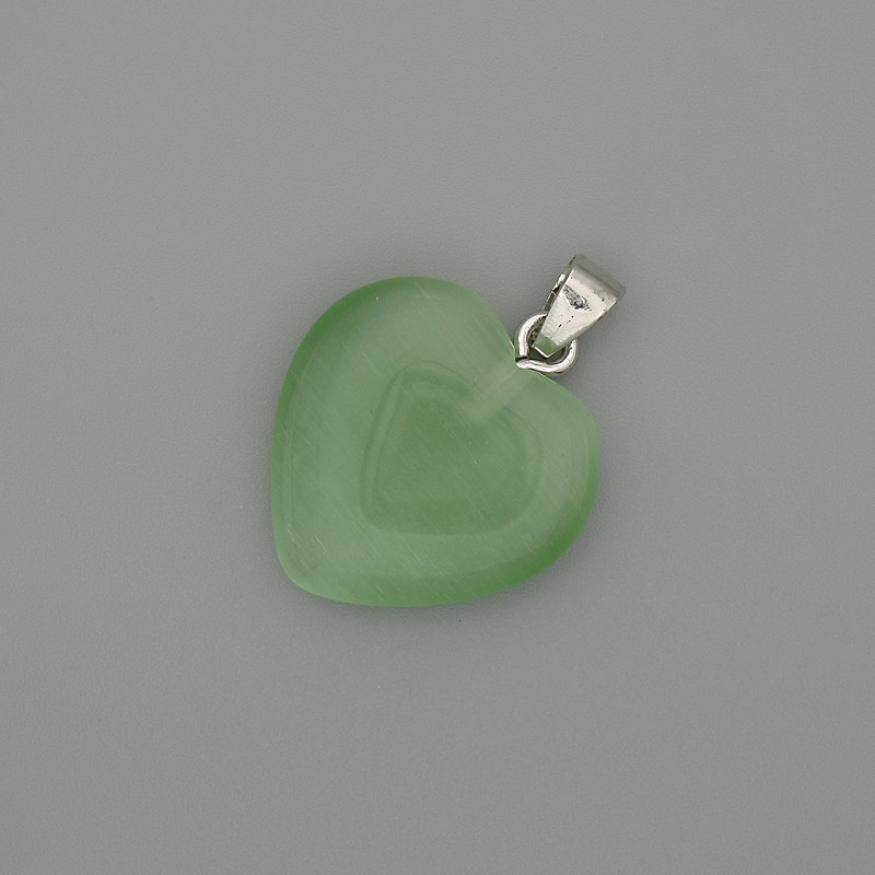 Heart Pendant in Light-Green Cat's Eye with Silvery Metal, Diameter 20×20 mm, Length 30 mm ±