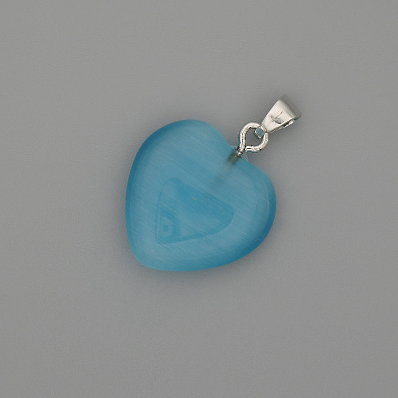 Heart Pendant in Blue Cat's Eye, Silver-Colored Metal, 20x20 mm Diameter, 30 mm Length
