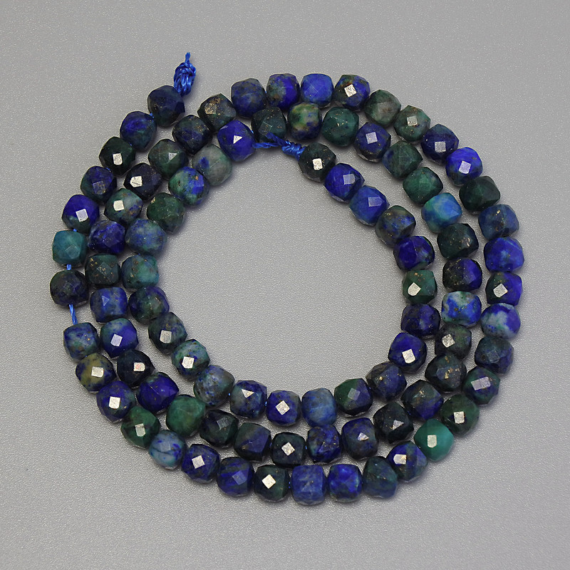 Azurite Beads, Faceted Cube, 4 mm Diameter, 38 cm Length on Thread