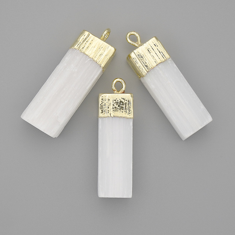 Pendant with Untreated Selenite Mineral, 32x12 mm, 36 mm length, gold-tone metal