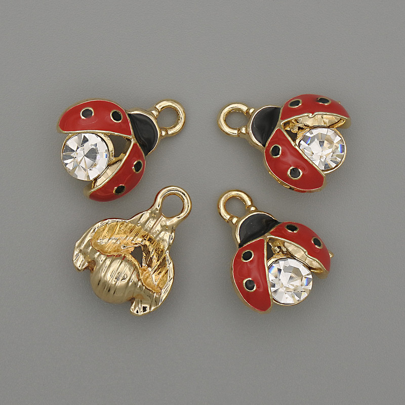 Pendant charm 'Sun' with rhinestones, red enamel, gold-tone metal, 10×12 mm diameter, pack of 4