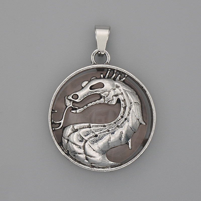 Dragon in a Circle Pendant with Pink Quartz, diameter 28mm ±, length 38mm ±, silver-toned metal