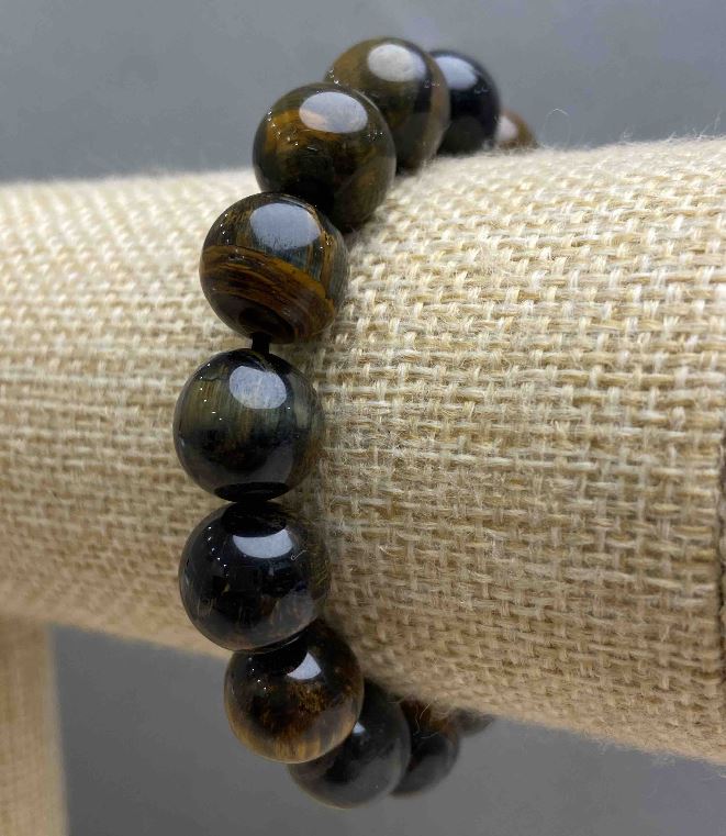 Bracelet of Tiger's Eye and Hawk's Eye natural stone, smooth beads, diameter 12(+/-)mm, length 18cm (stretch)