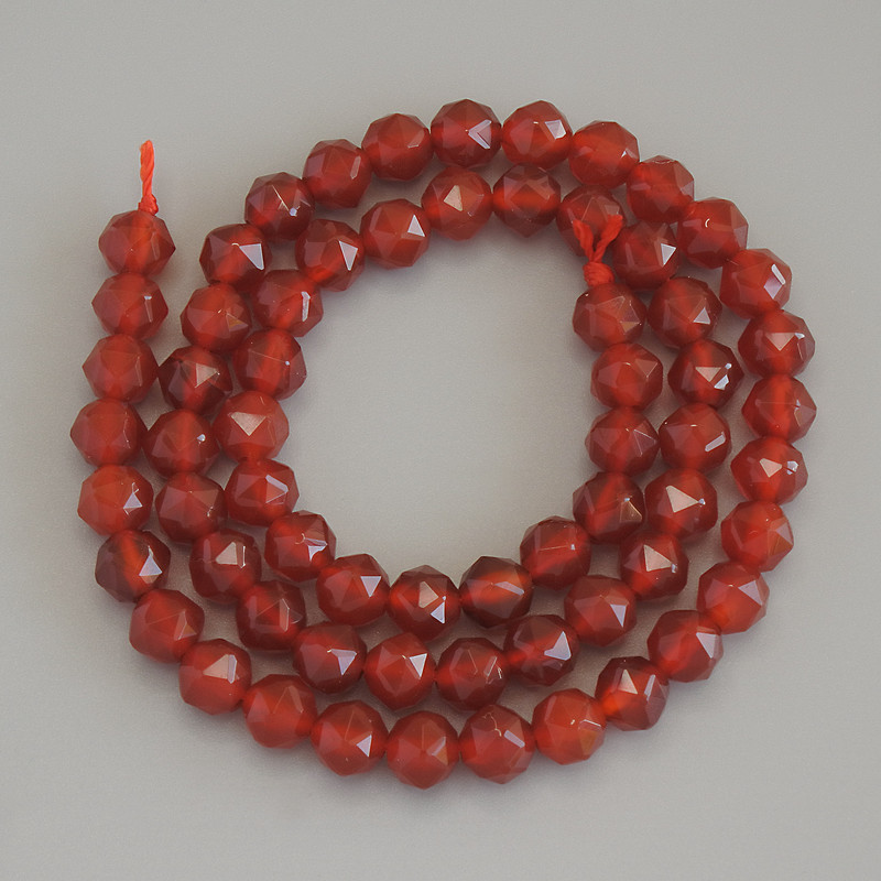 Carnelian Beads, Faceted, 6 mm Diameter ±, on Thread, Length 37 cm+