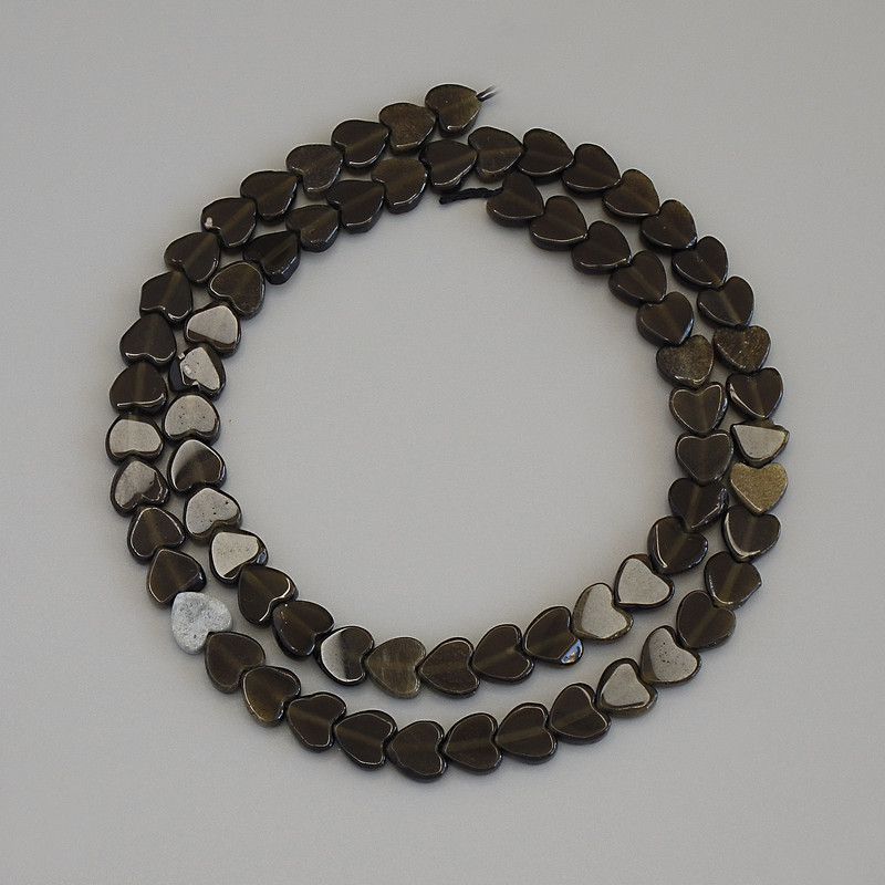 Heart-shaped Sun Obsidian Beads, 6×6×2 mm ±, on thread, length 38 cm+