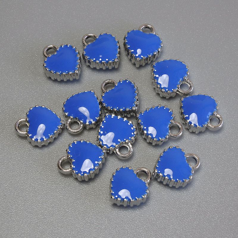 Heart-Shaped Pendant, Blue Enamel on Silver-Toned Metal, Diameter 7×8 mm, Pack of 13