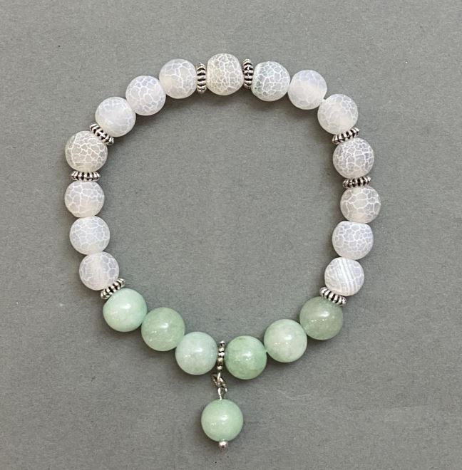 Bracelet Amazonite Bead 8mm+-Frosty White Agate 7mm+-with metal inserts, length 18mm+- stretch