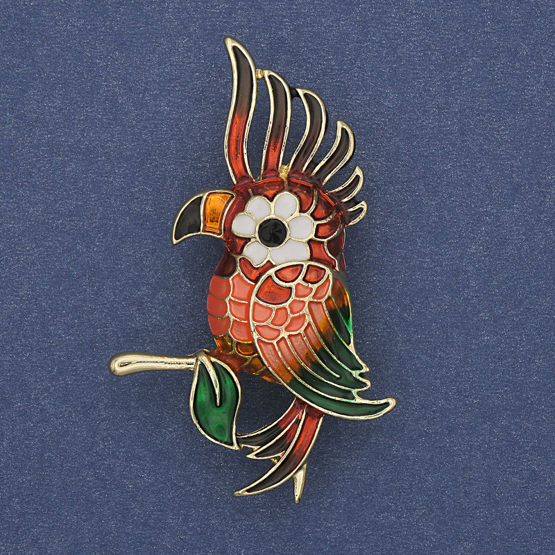 Parrot Brooch, red and green enamel on gold-tone metal 51x31mm+