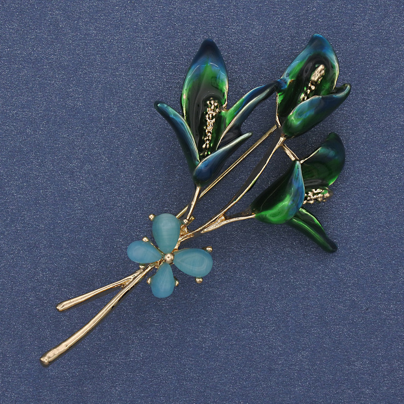 Flower Brooch with Blue Cat's Eye enamel and Golden metal 63x35mm+