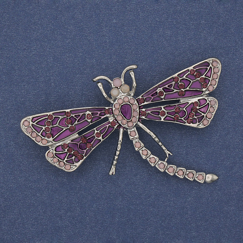 Butterfly Brooch, purple enamel, pink rhinestones, silver-tone metal, 57x39mm+