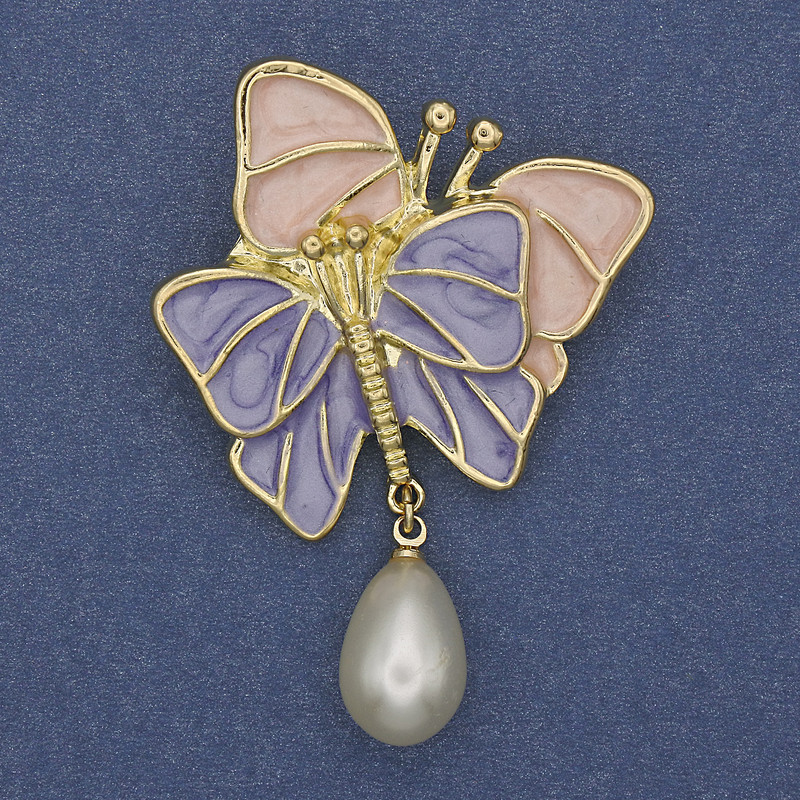 Butterfly Brooch with Purple and Pink Enamel, Pearl, Golden Metal, 52x37mm+