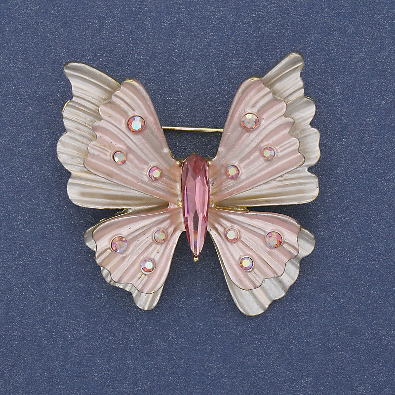 Butterfly Brooch Pendant with White and Pink Enamel, Rainbow Crystals, Gold-Tone Metal, 39x42 mm+