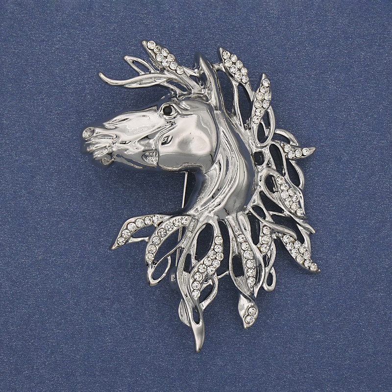 Horse Brooch Pendant with White Crystals, Silvery Metal, 54x41mm+