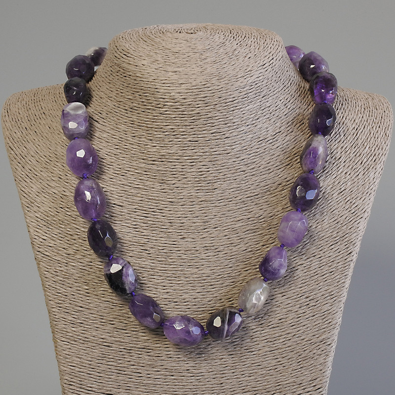 Necklace of natural amethyst stones, faceted rondelle beads, diameter 17–20×13–15 mm, length 50 cm +/- with clasp