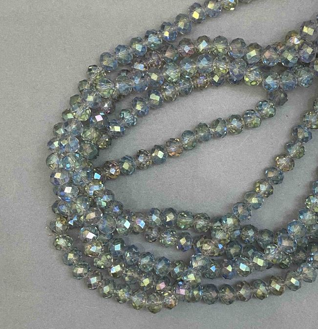 Beads Czech Crystal on thread gray transparent with gasoline coating faceted rondelle, diameter 8x6mm + -, length 38cm +