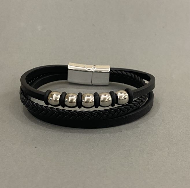 Men's black eco-leather bracelet with metal inlays, 12mm thick, 22cm long, silver-colored metal on the clasp