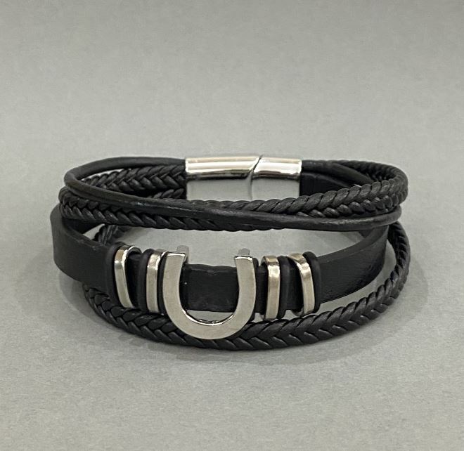 Men's eco-leather bracelet in black with metal inserts, about 12 mm thick, 22 cm long, silver-colored metal on the clasp