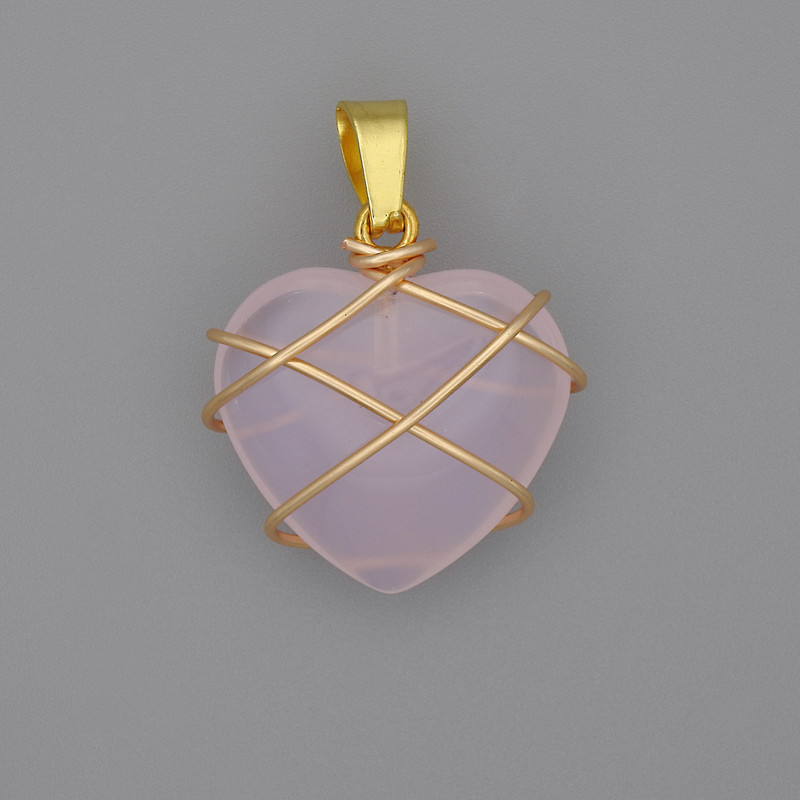 Pendant 'Heart in a Weave' Pink Quartz 21x21 mm, 30 mm diameter