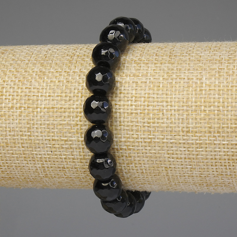 Bracelet Black Agate Faceted Beads 10mm, Length 18 cm, Stretch