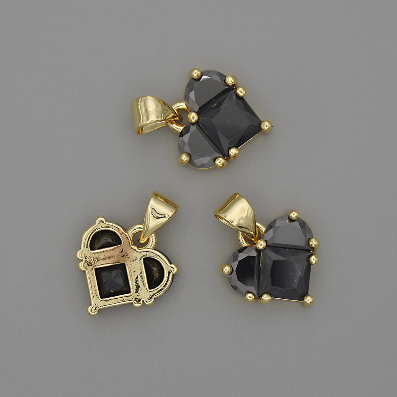 Heart Pendant with Black Crystals, 12x12 mm, 17 mm Length, Gold-Tone Metal