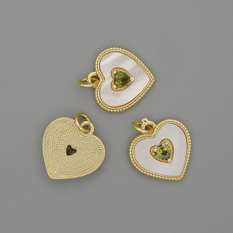 Pendant Mother-of-Pearl Heart 15x15 mm ± green crystal, length 18 mm ± gold-tone metal
