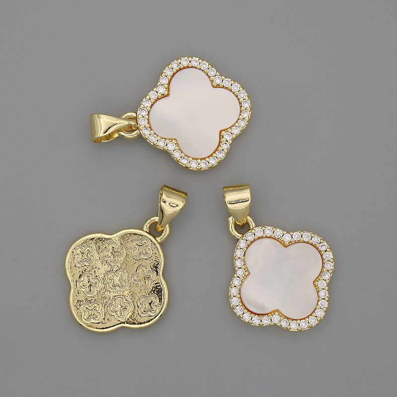 Mother-of-Pearl Clover Pendant with White Crystals, 15x15 mm, length 22 mm, gold-tone metal