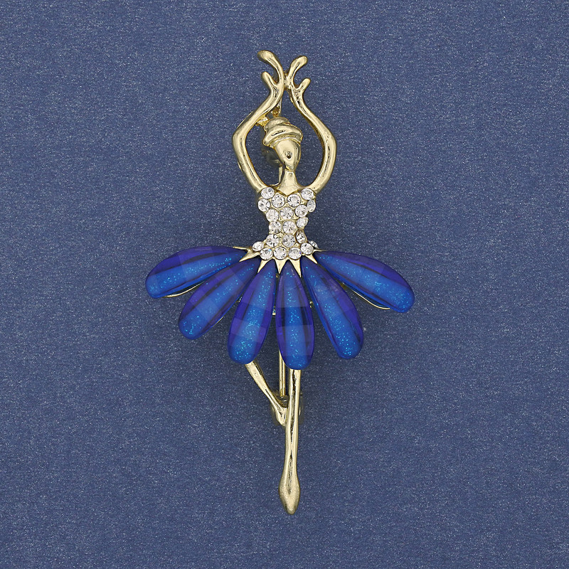 Brooch Pendant 'Ballerina' with White Crystals, Gold-Tone Metal, 50x28 mm