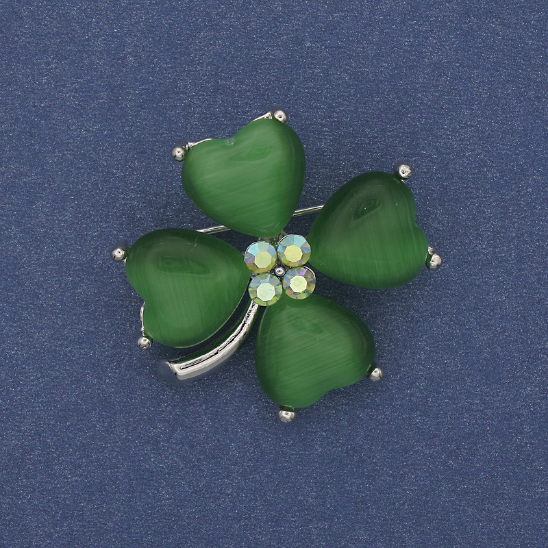 Brooch 'Four-Leaf Clover' with green cat's eye crystals, silver metal 31×31 mm+