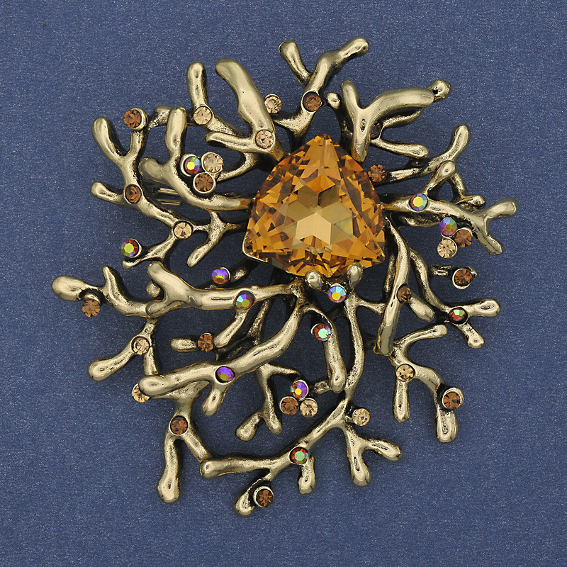 Accent Brooch-Pendant with Yellow Crystal, Rhinestones, Golden Metal 55x62mm+