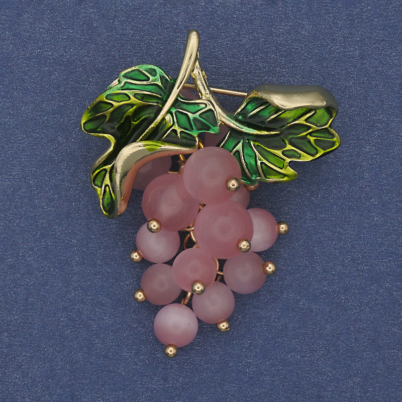 Grapes Brooch-Pendant with Cat's Eye Beads, Green Enamel, Gold-Toned Metal, 36x40 mm