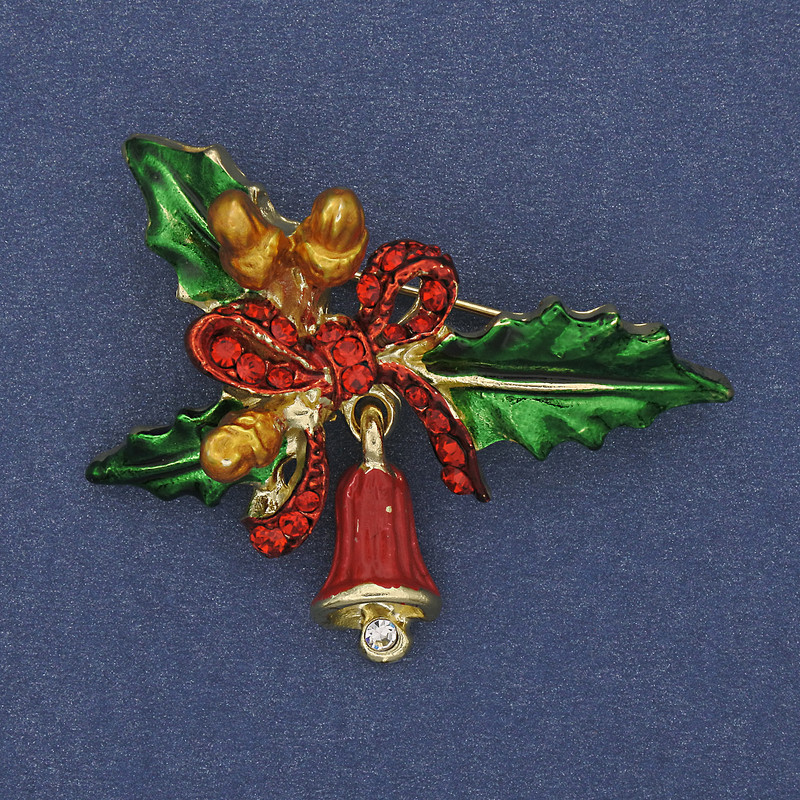 Brooch-Pendant New Year Sprig with Bow and Bell, enamel, crystals, golden metal, 44×30 mm+