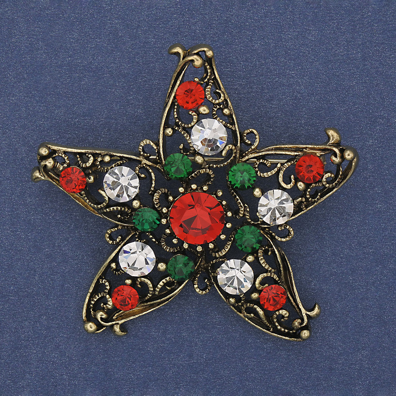 New Year's Christmas Star Brooch with Crystals, Gold-Tone Metal, 50mm+