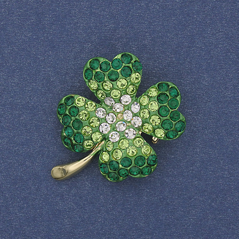 Brooch-pendant Four-Leaf Clover with white and green crystals on golden metal, diameter 28x24mm +