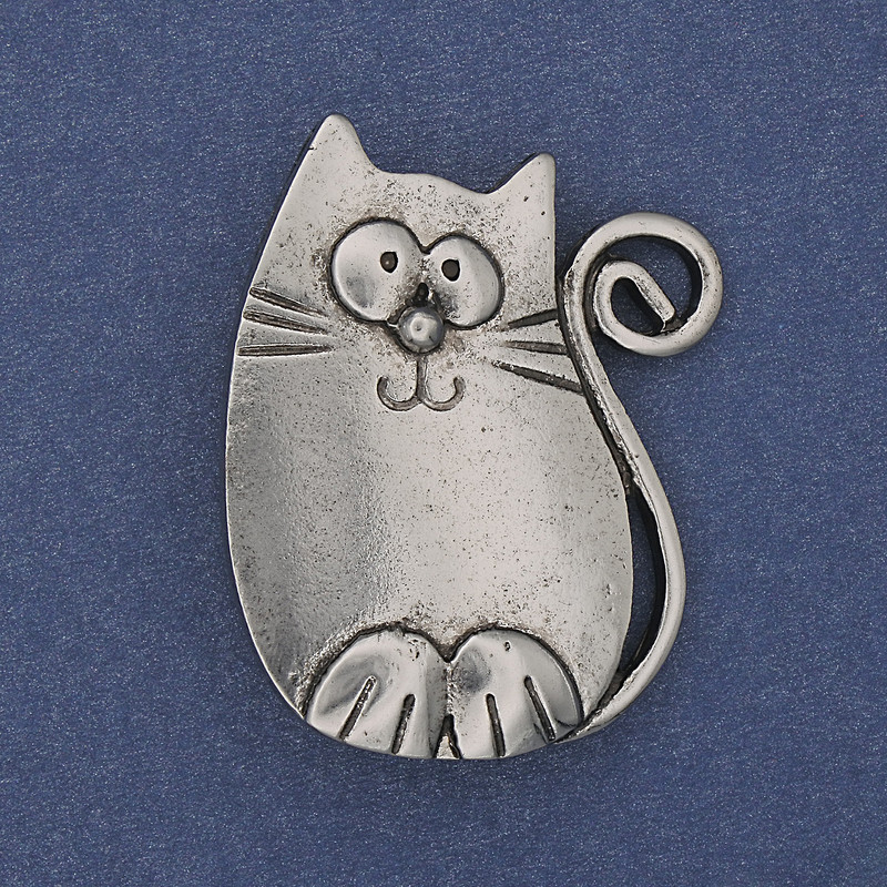 Cat Brooch-Pendant, Silver Metal, 37x29 mm+
