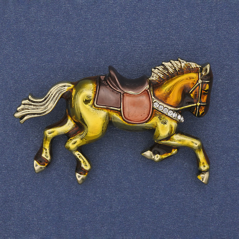 Horse Brooch with Yellow Enamel and White Crystals, Gold-Tone Metal 50x32mm+