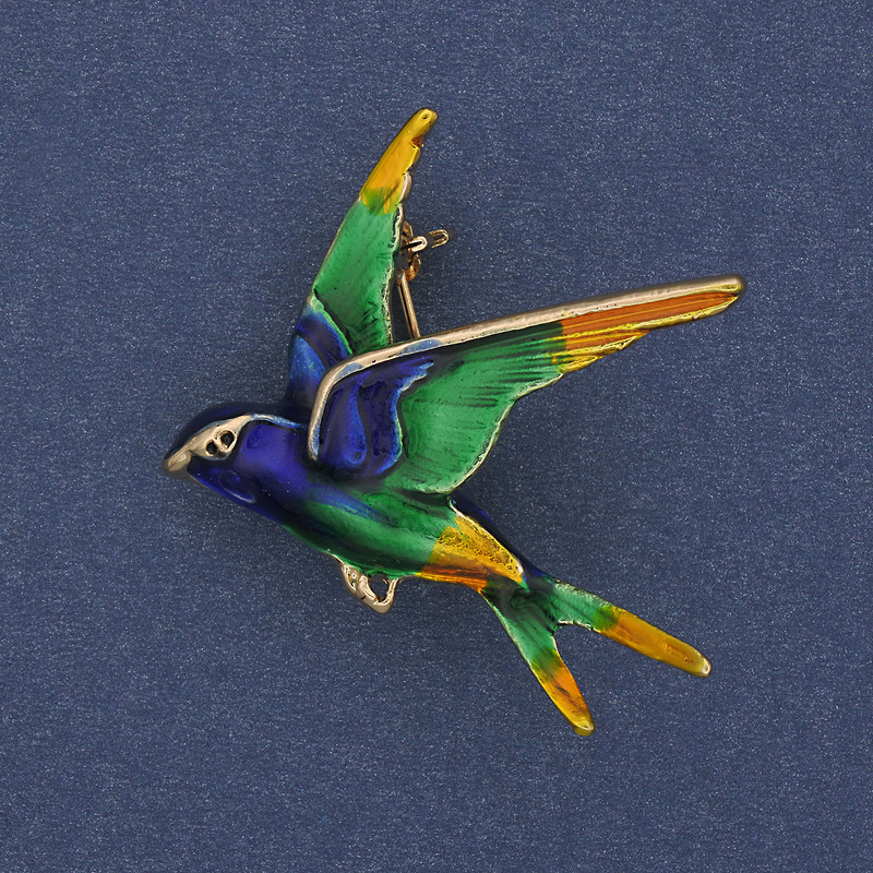Swallow Brooch-Pendant with Colored Enamel and Gold-Tone Metal 35x29mm+