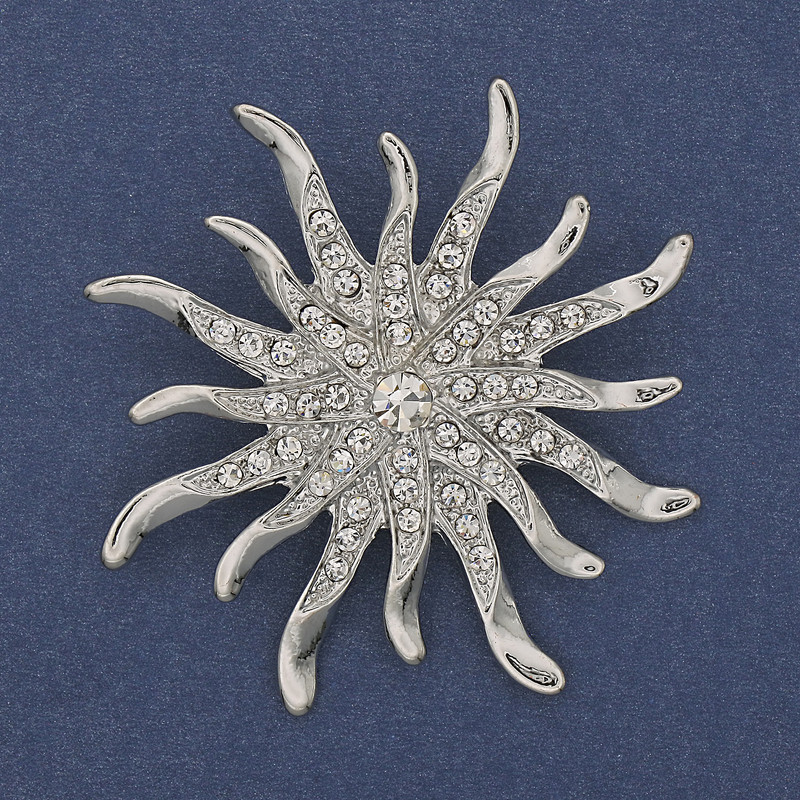 Sun Brooch with White Rhinestones, Silver-Colored Metal 54mm+