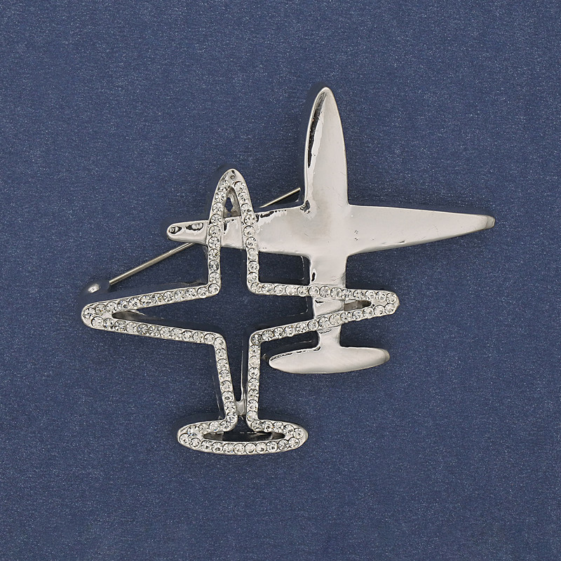 Airplane Brooch Pendant with White Crystals, Silver-Colored Metal 43x50mm+