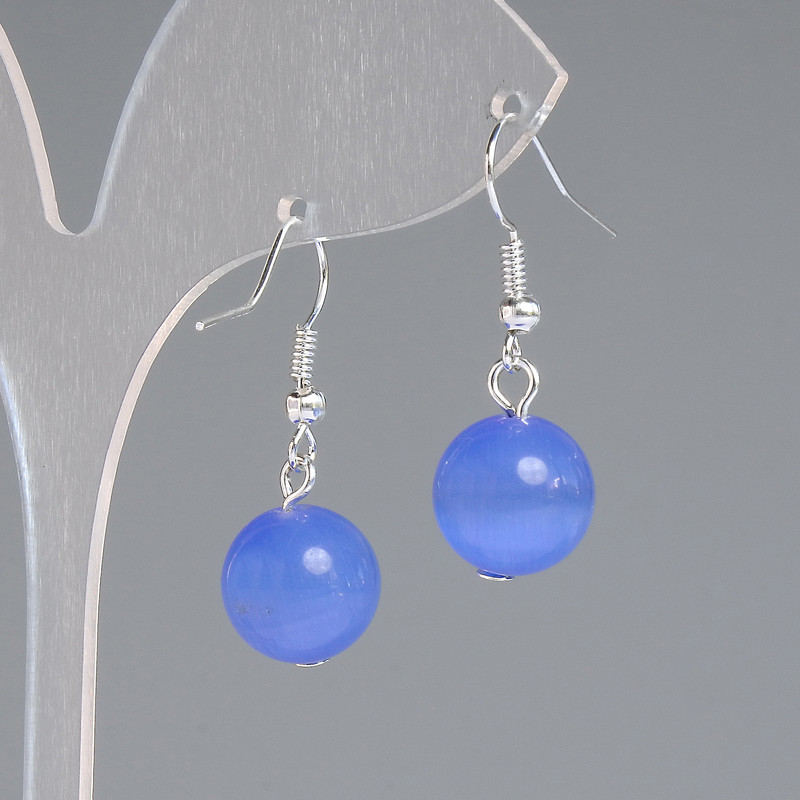 Blue Cat's Eye Earrings with a Smooth Ball, 12 mm Diameter, 30 mm Length, Silver-Colored Metal