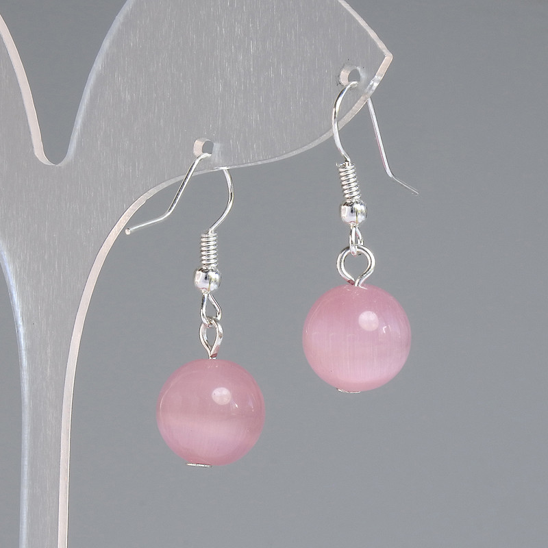 Earrings Pink Cat's Eye Smooth Ball, 11.5 mm diameter, approx. 30 mm length, silver-colored metal