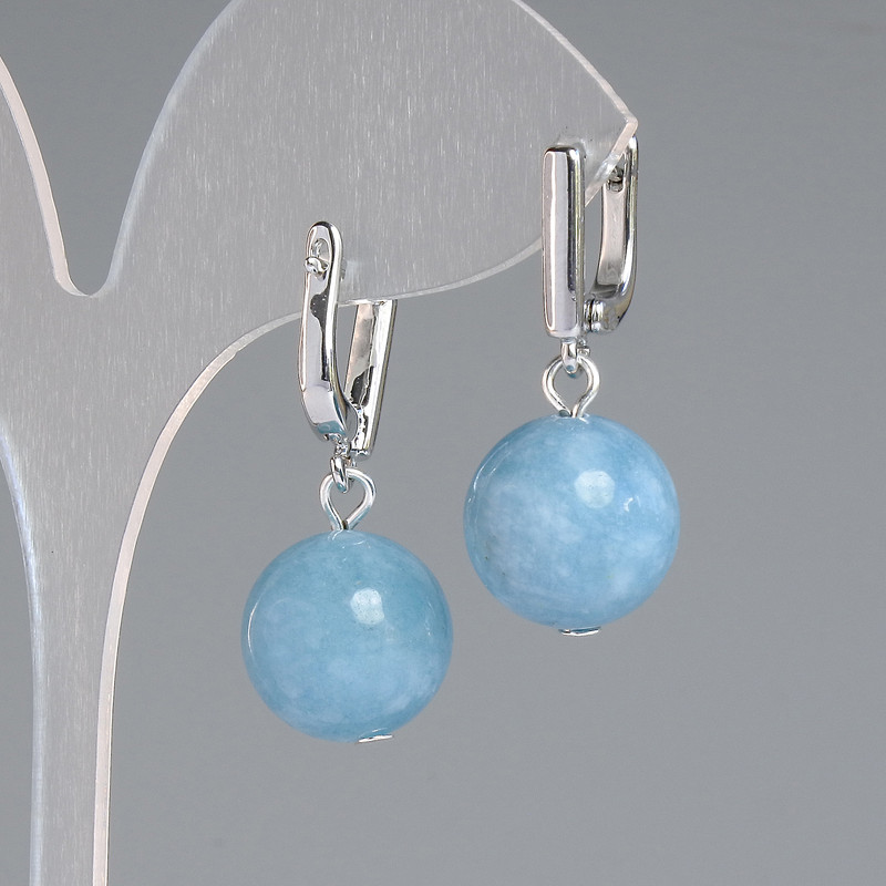 Aquamarine Earrings, natural stone, smooth ball, diameter 14 mm ±, length 32 mm ±, silver-colored metal